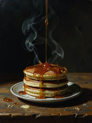 Stack of pancakes with maple syrup mid-pour, butter melting, steam rising, rusti