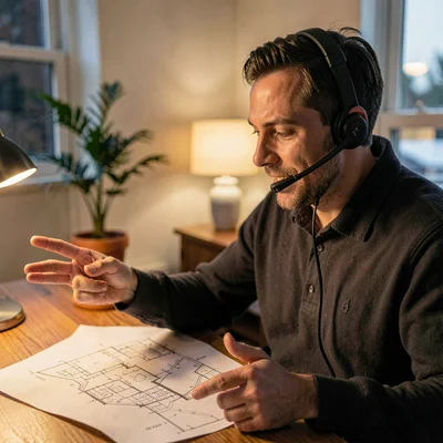 Lamp-lit portrait of a planner on a phone headset gesturing at a paper plan, lat