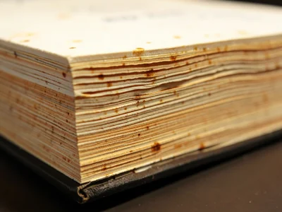 Waterlogged book edge, wavy pages after drying, undulating strata creating more 