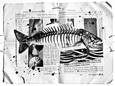 A fish skeleton from a biology textbook, pasted over waves cut from a fashion ma
