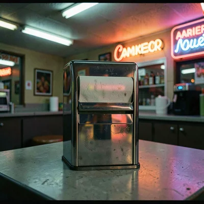 Chrome napkin dispenser with distorted neon reflections