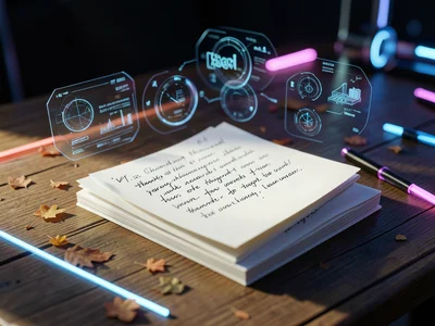 Stack of handwritten letters on wooden table, autumn light, thankful words