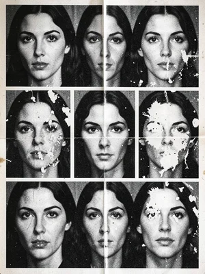 A woman's face photocopied eight times, features dissolving into high-contrast t