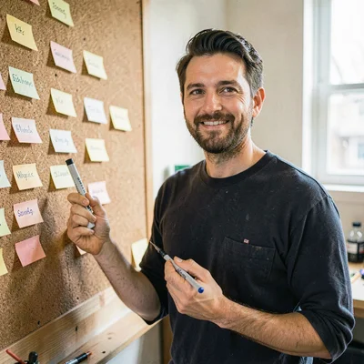 Workshop instructor portrait at a corkboard of index cards, marker in hand, pain