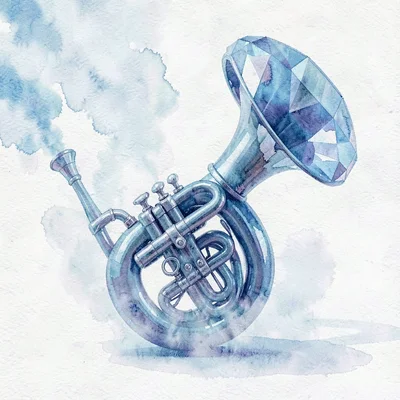 Oversized sapphire lowpoly tuba with a coiled body and massive faceted bell thro