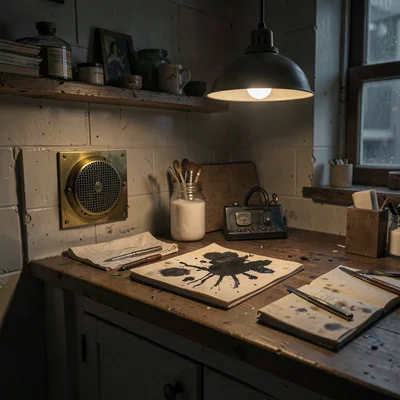 Cluttered counter with brass register, ink-stained blotter and a single pendant 