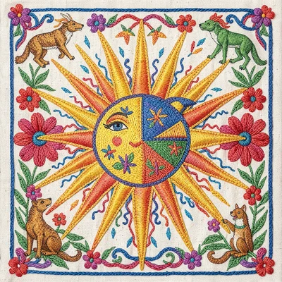 Otomi Tenango embroidery illustration, the sun and moon together with flower ray