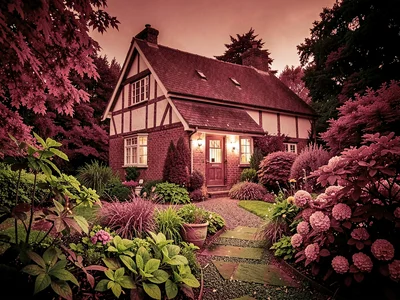Cottage surrounded by glowing garden