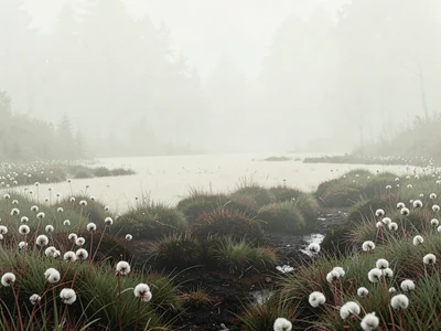 Peat bog scattered with cotton-grass tufts, foreground darkened soil giving way