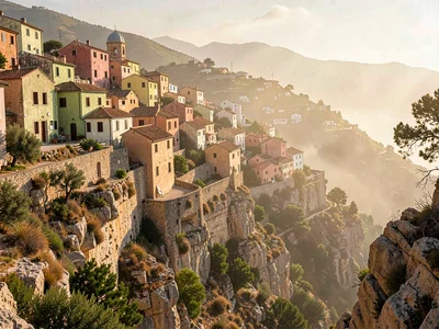 Hill town glimpsed from a high stony pass, walls glowing in dry warm midday ligh