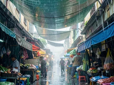 Market awning rain cascade