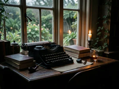 A writing desk by a window: typewriter, stacked manuscripts, a whiskey glass, pi