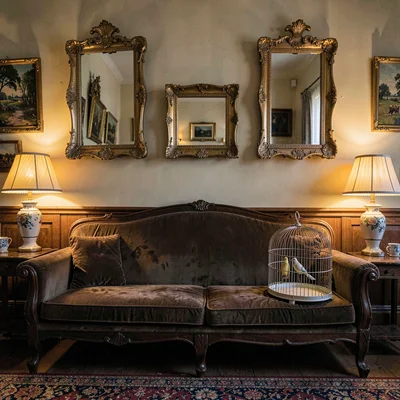 inside a Quito colonial parlour at lamplight evening, gilded mirrors above a wor