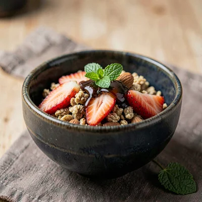 Dark glazed ceramic bowl of nutty muesli with sliced strawberries, almonds, and 
