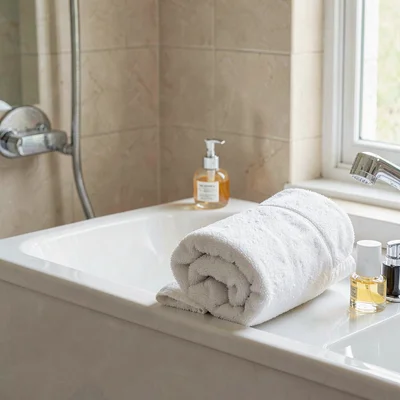 spotless bath with rolled towels and bath products