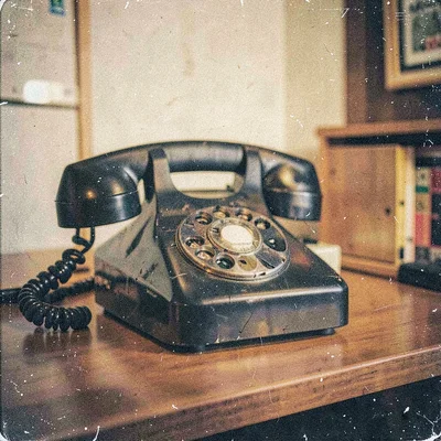 Grainy digital illustration, rotary telephone on desk , film grain texture overl