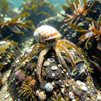 Hermit crab in borrowed snail shell, perched on mussel-encrusted rock in tide po