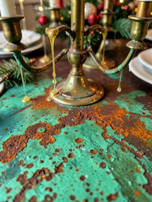 Oxidized brass candelabra with wax drippings, holiday table, green copper