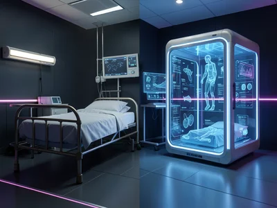Hospital room — left half 1900s iron bed, right half holographic medical pod