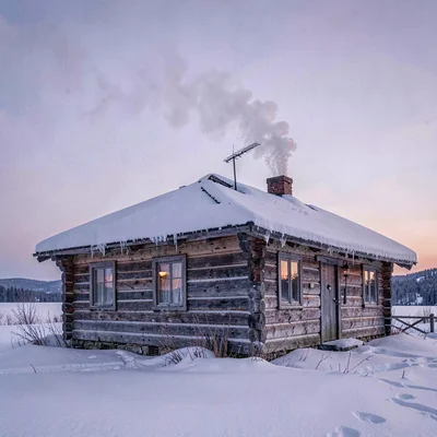 a Lapland reindeer-herder's cabin at polar dusk, low log walls dusted with snow,