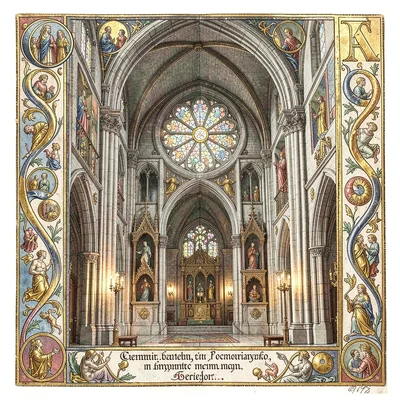 Cathedral interior with rose window