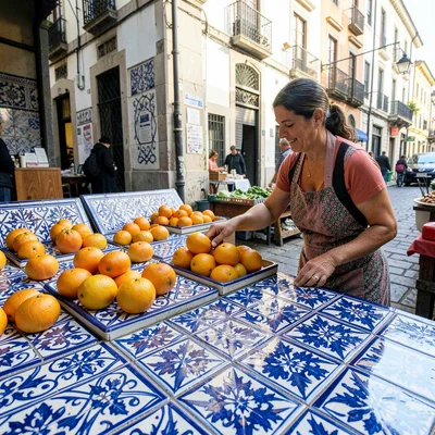 Azulejo tile geometry, Portuguese ceramic culture, Market vendor arranging orang