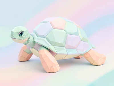 Shelled mint lowpoly turtle with a chunky faceted shell of pastel hexagons and p