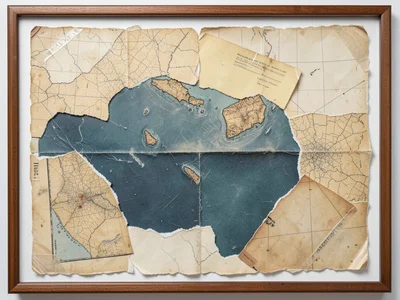 Torn vintage map fragments reassembled wrong, ocean pieces where land should be,