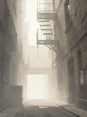 Fire-escape ladder hanging off a tenement wall, the alley below a pale slot, no 