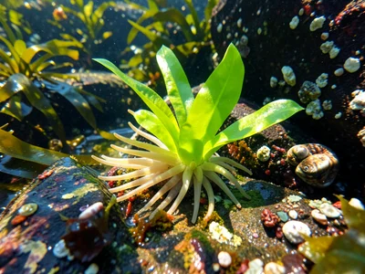 Sea lettuce unfurling in a shallow pool, bright green translucent fronds backlit