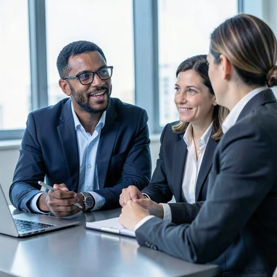 Editorial photograph, Financial advisor meeting with client, both looking at scr