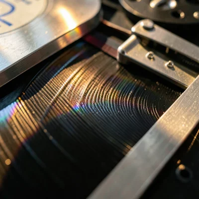 Reel-to-reel tape heads, polished metal surfaces with magnetic tape passing over