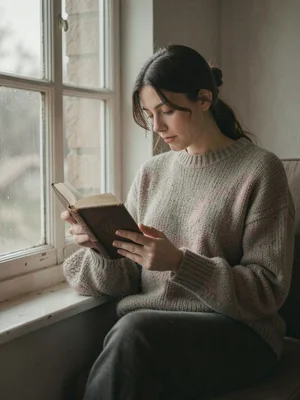Woman reading a leather-bound book in a window seat, her sweater the color of we
