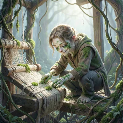 A mossweaver crouched at a loom of living vines, fingers green-stained, threads 