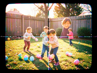 A home video of children hunting Easter eggs in a backyard, frozen mid-grab with