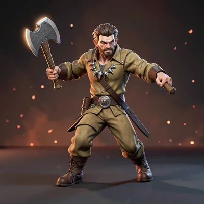 Dual-wielding ranger in tan suede with bear-claw necklace, hand-axes raised mid-