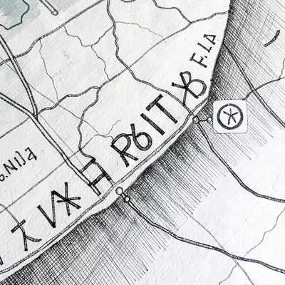 Map detail of a fictional shoreline of words rendered as abstract glyphs, ink cr