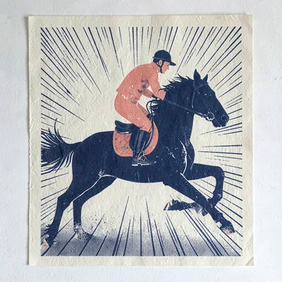 Bold two-color riso poster of a galloping horse silhouette with jockey in coral