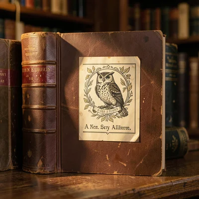 An ex-libris bookplate pasted inside a front cover, the decorative print showing
