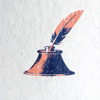 Two-color screenprint motif of an inkwell with a quill silhouette in coral and n