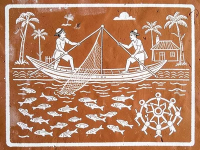 Fishing scene — two figures in a triangular boat casting a net into a river of f