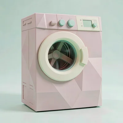 Round-windowed dusty-pink lowpoly washing machine with cream porthole and chunky