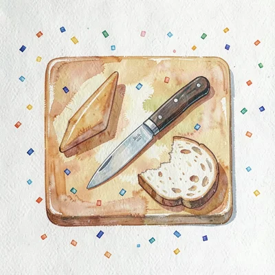 Gouache illustration of a board with a wedge, a folding knife, and a torn slice