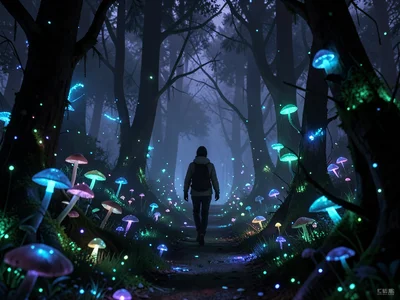 Person walking through bioluminescent forest path, trees and fungi all softly gl