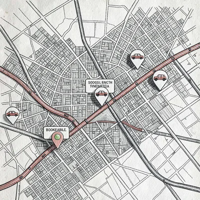Map illustration of a transit-rich downtown with bookable car pins along a metro