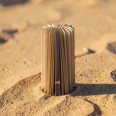 Paolo-paperfold portrait of a folded accordion strip standing upright on warm sa