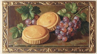 Egg tempera illustration, communion wafers and grapes , yolk-bound pigment, gold