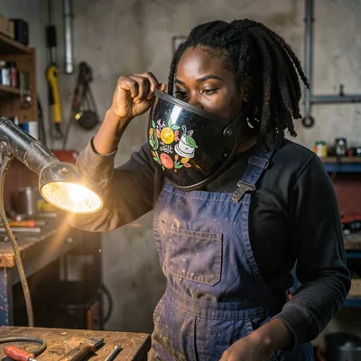 A determined Black welder in her twenties dropping her helmet visor, lamp warmth