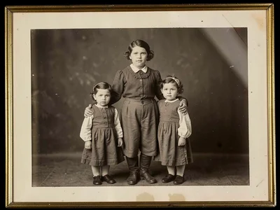 Three siblings standing in size order, period clothing, oldest has one arm aroun
