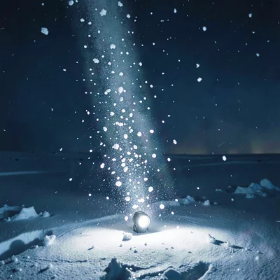 Arctic conditions photograph, extreme cold environment, A headlamp illuminating 